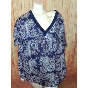 PerSeption Navy Paisley Short Sleeve V-neck Blouse Sz 2X
